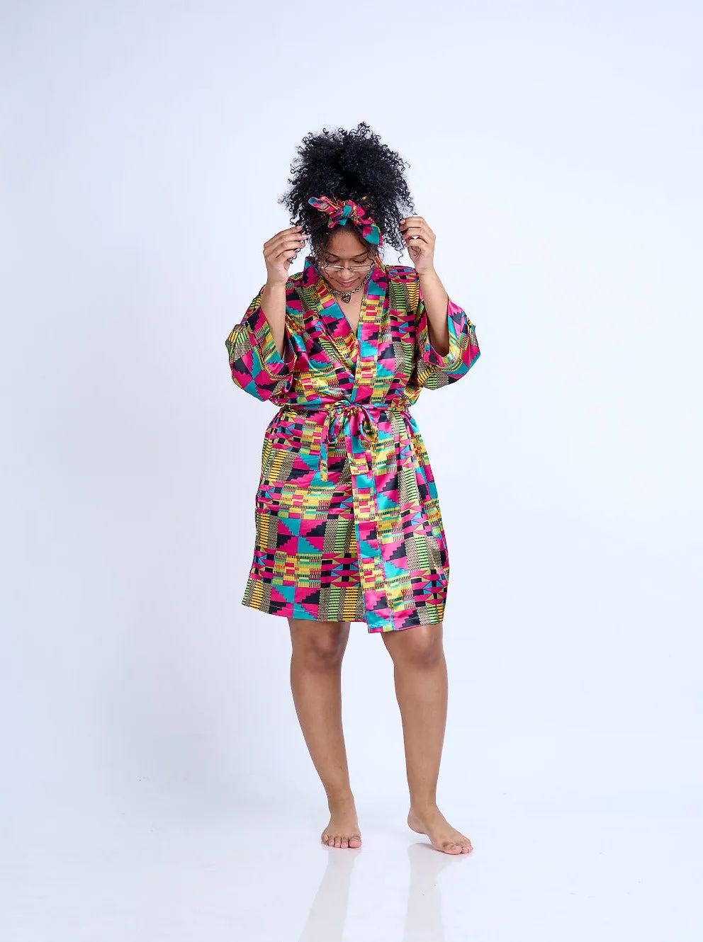 African Print Satin Robe Pink Kente