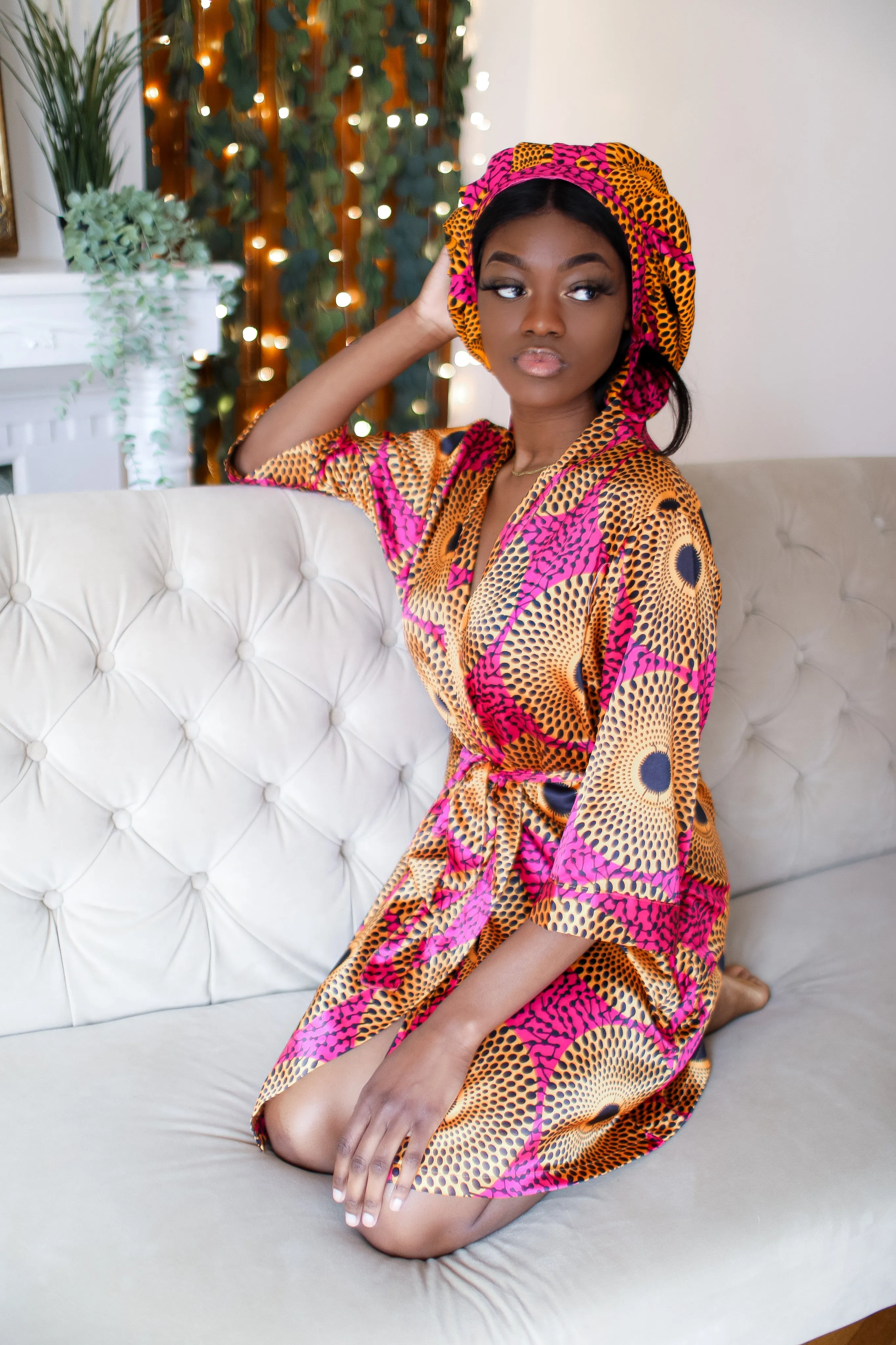 African Print Satin Robe Pink