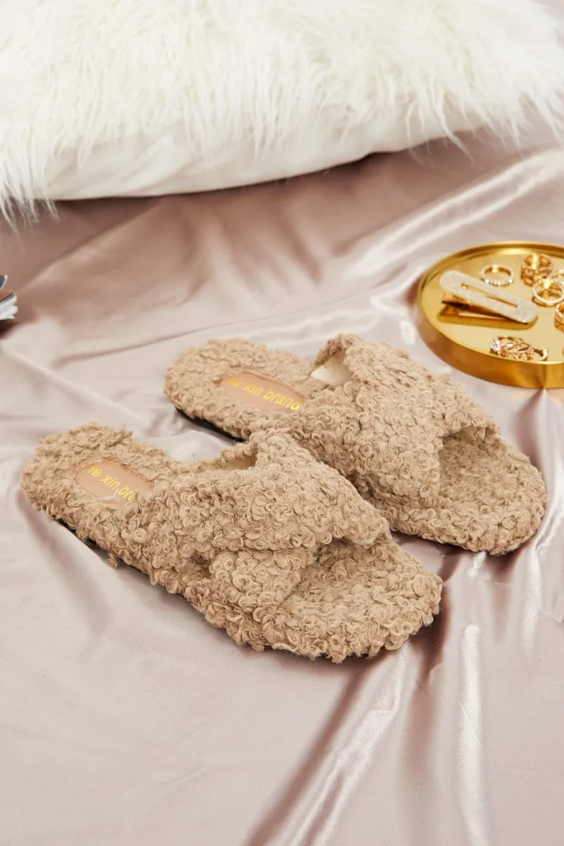 Beige Plus Borg Fluffy Teddy Crossover Slider Slippers