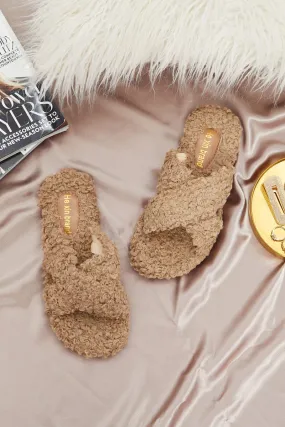 Beige Plus Borg Fluffy Teddy Crossover Slider Slippers