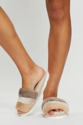 Beige Plush Faux Fur Stripe Mule Slippers