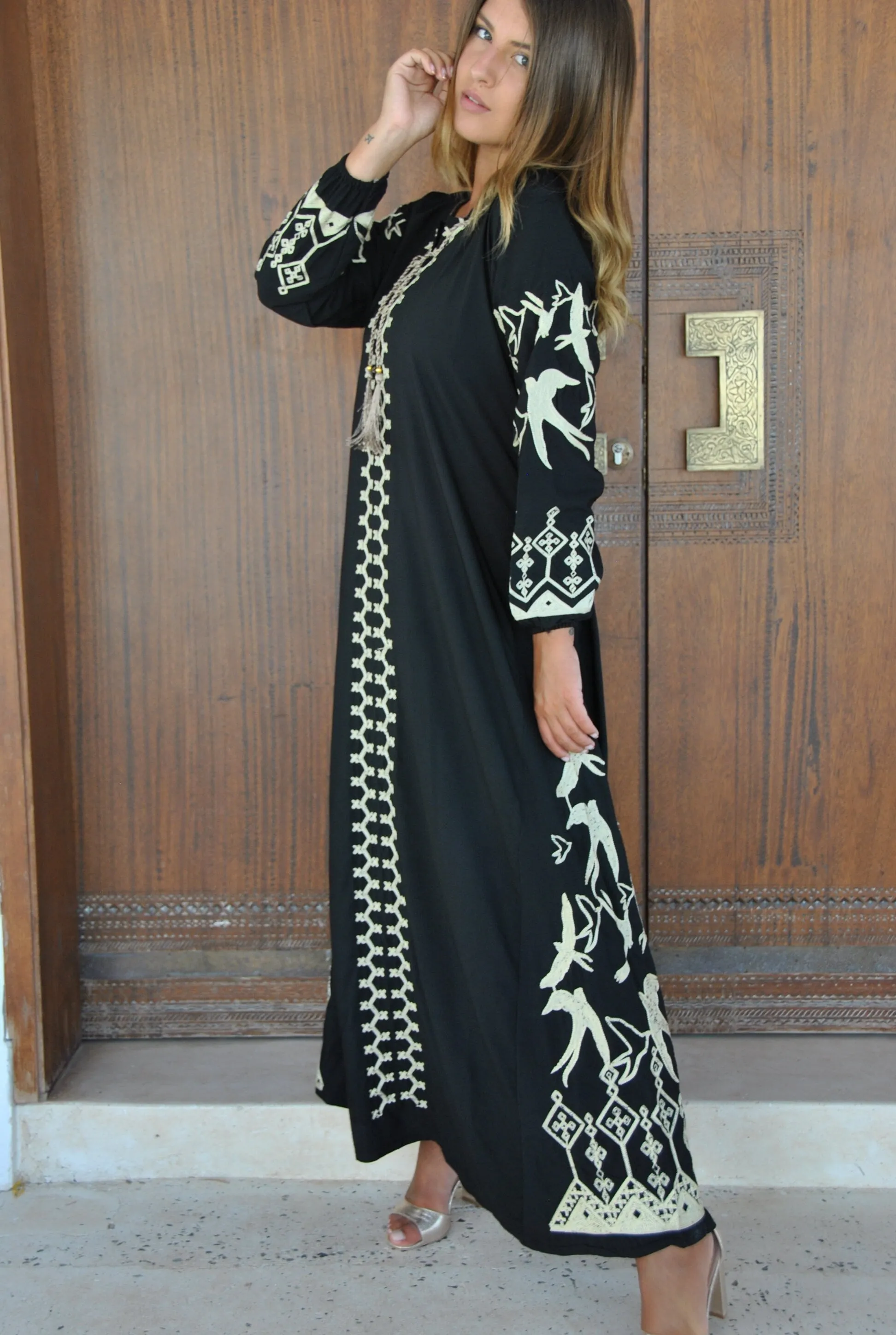 Black flock of birds embroidered Caftan, caftans for women, embroidered Caftan dress, Caftan maxi dress, Caftans for women, Caftans