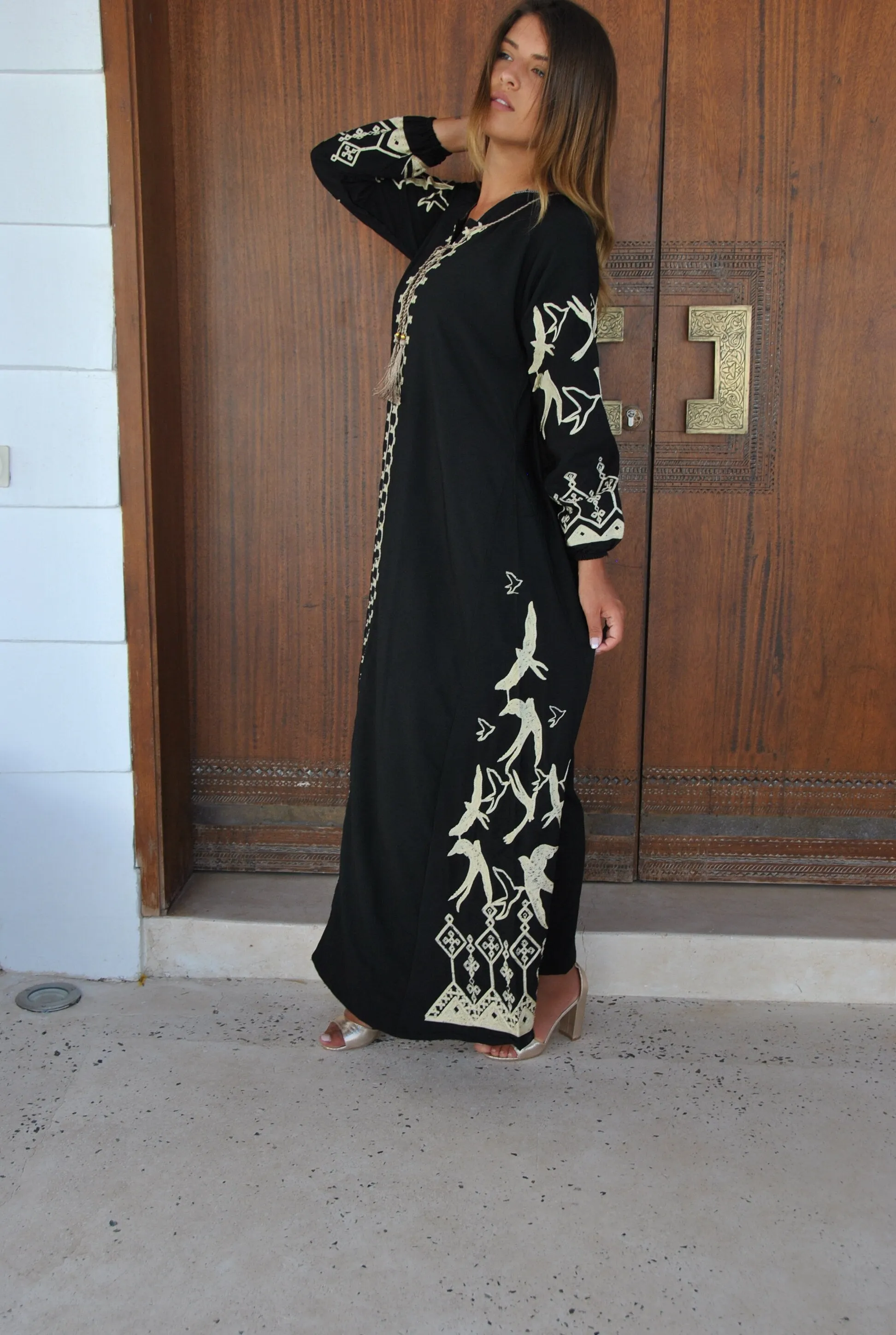 Black flock of birds embroidered Caftan, caftans for women, embroidered Caftan dress, Caftan maxi dress, Caftans for women, Caftans