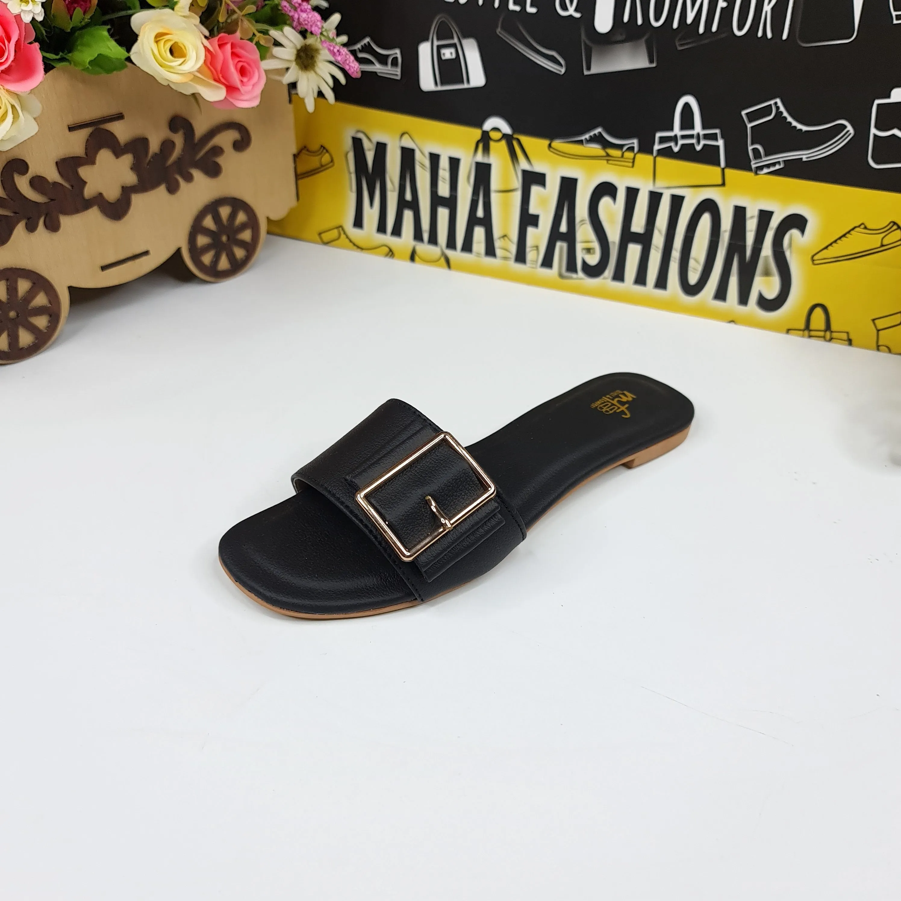 Black Straps Buckle Flat