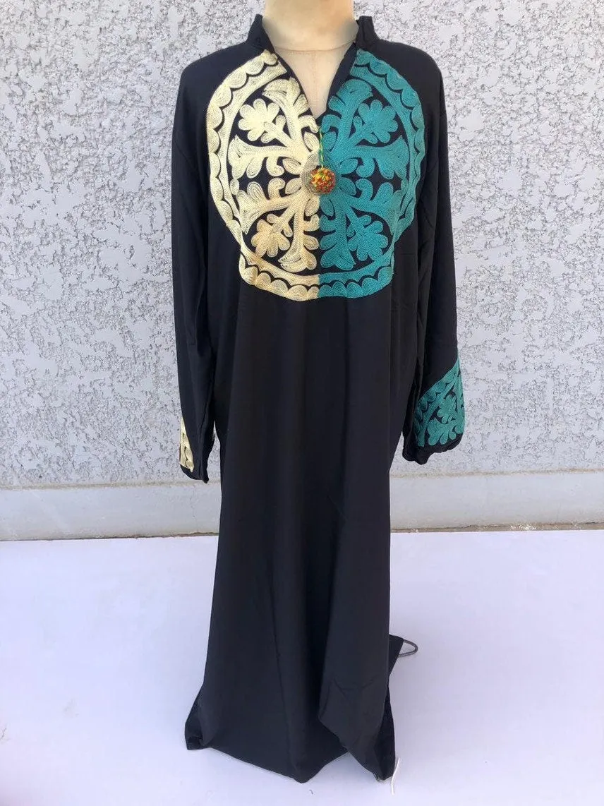 Bohemian embroidered navy blue caftan dress, Front and back embroidered Cotton caftan, Chic embroidered caftan, High quality Egyptian cotton