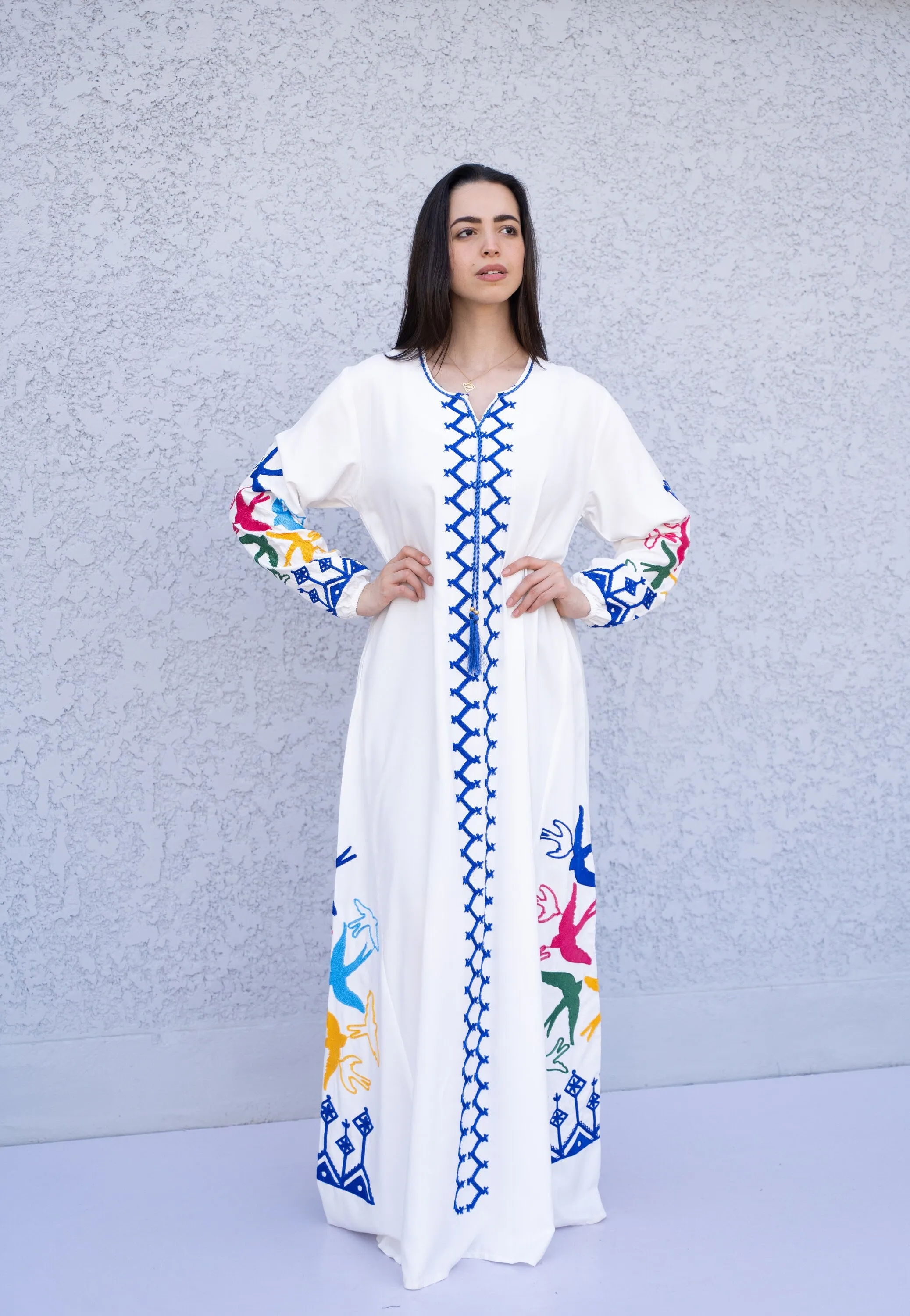 Boho White birds embroidered Caftan, cotton caftans for women, embroidered Caftan dress, Caftan maxi dress, Caftans for women, Caftans