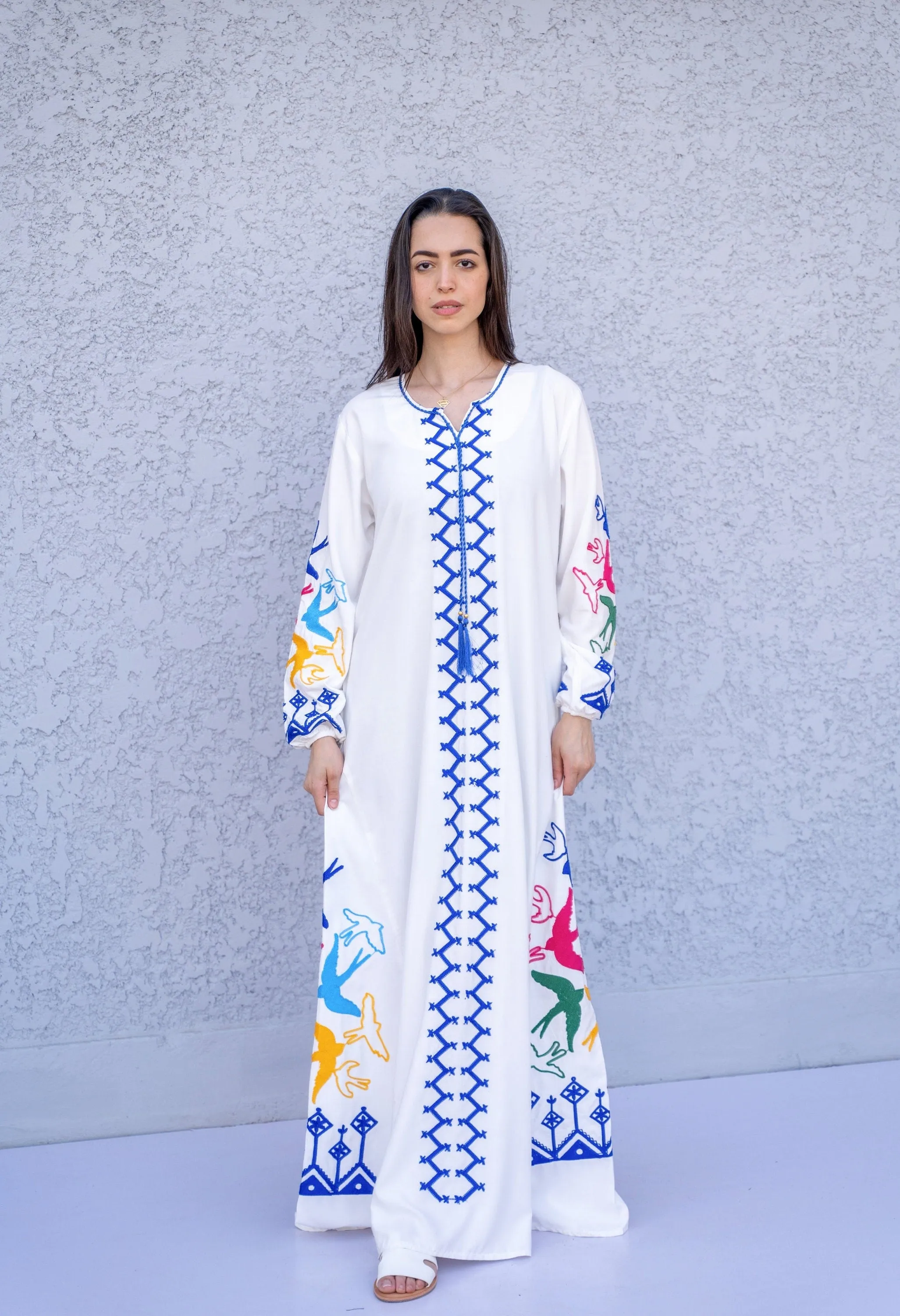 Boho White birds embroidered Caftan, cotton caftans for women, embroidered Caftan dress, Caftan maxi dress, Caftans for women, Caftans