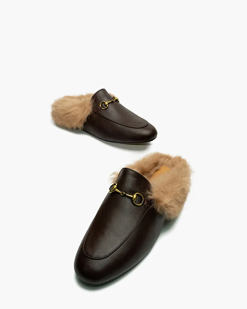 Classic Metal Buckle Backless Fur Flat Slippers Mules