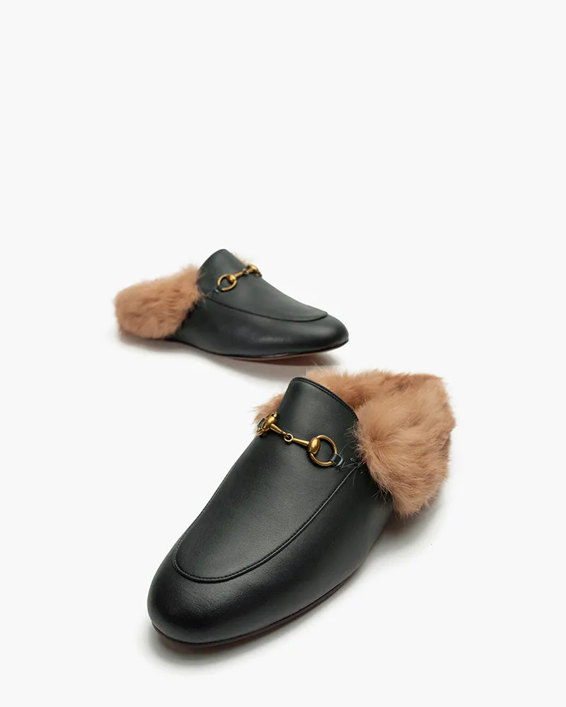 Classic Metal Buckle Backless Fur Flat Slippers Mules