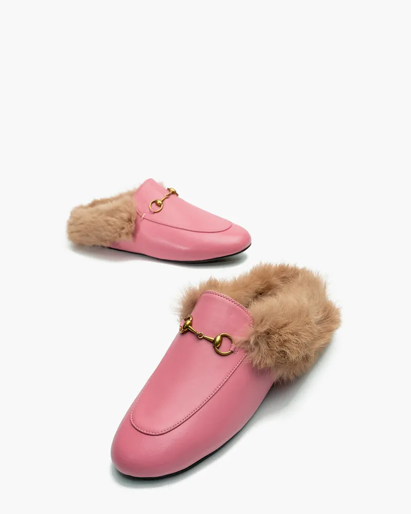 Classic Metal Buckle Backless Fur Flat Slippers Mules