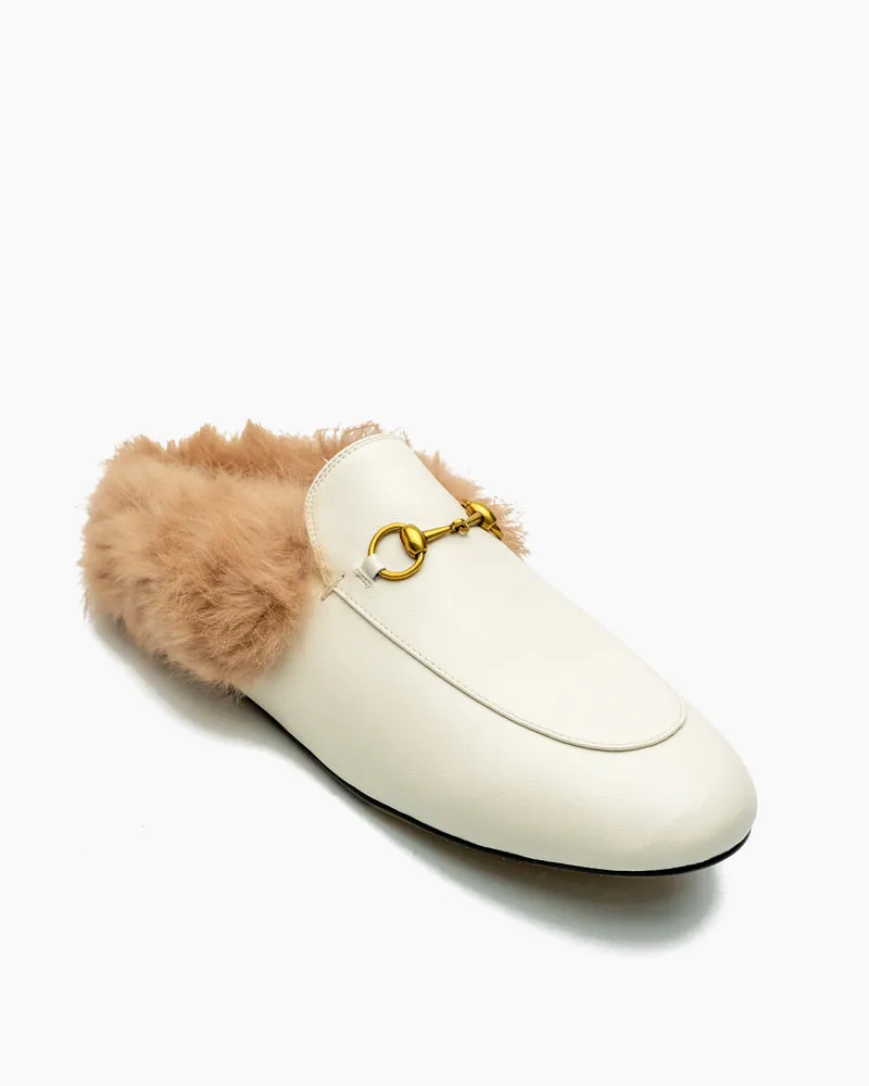 Classic Metal Buckle Backless Fur Flat Slippers Mules