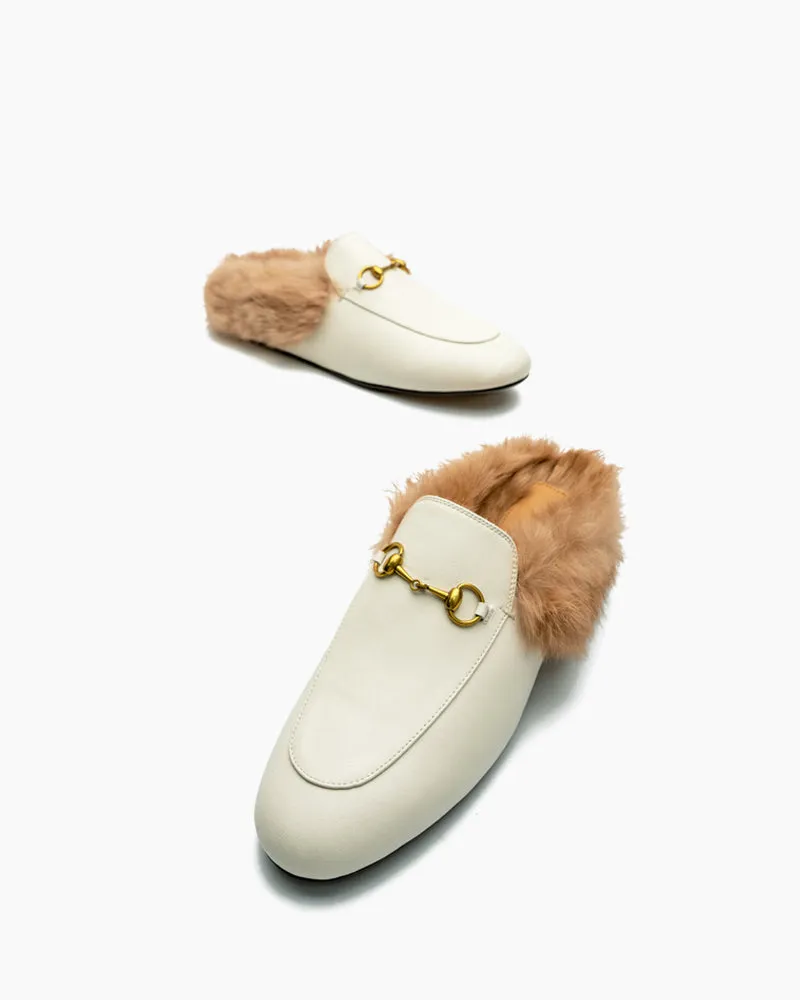 Classic Metal Buckle Backless Fur Flat Slippers Mules