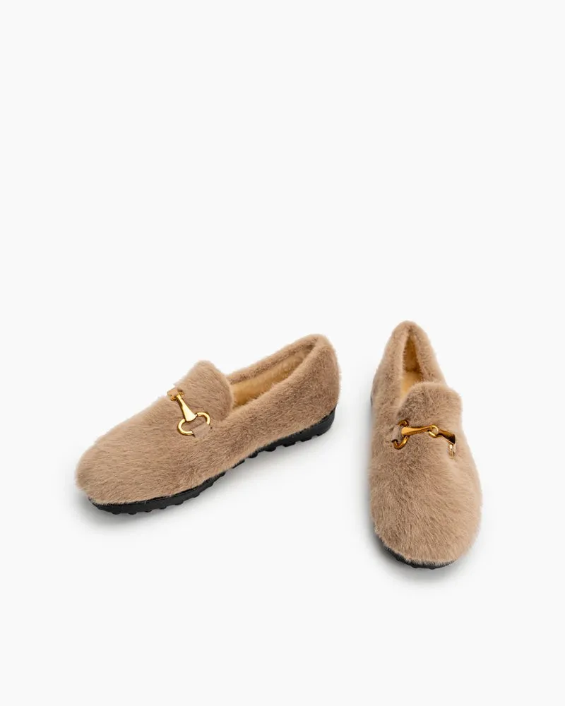 Classic Metal Buckle Furry Plush Flat Winter Warm Slippers Loafers