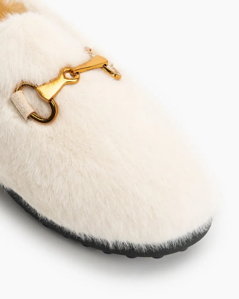 Classic Metal Buckle Furry Plush Flat Winter Warm Slippers Loafers