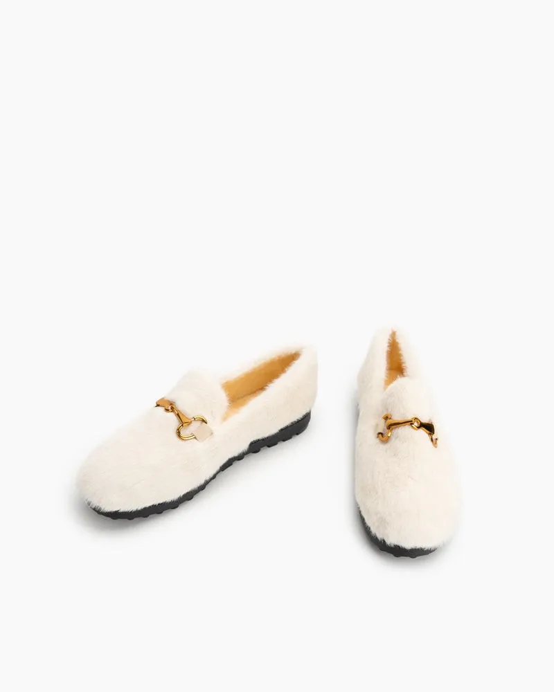 Classic Metal Buckle Furry Plush Flat Winter Warm Slippers Loafers