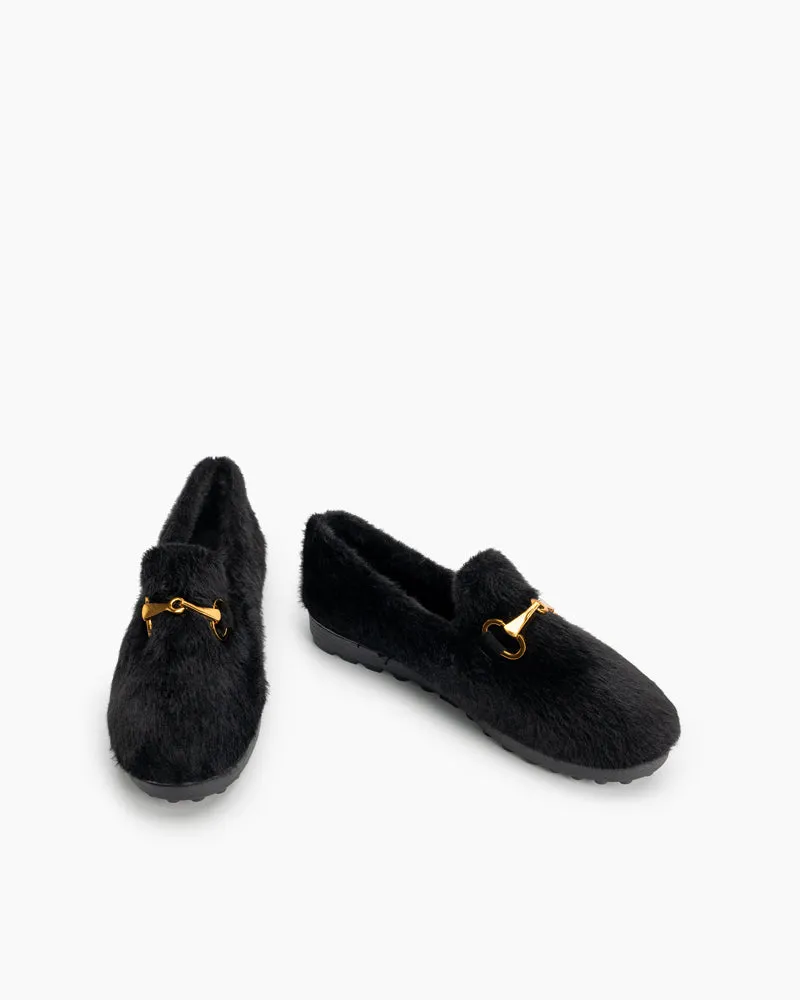 (Clean Up - US 7.5) Classic Metal Buckle Furry Plush Flat Winter Warm Slippers Loafers