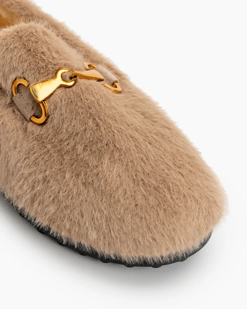 (Clean Up - US 7.5) Classic Metal Buckle Furry Plush Flat Winter Warm Slippers Loafers