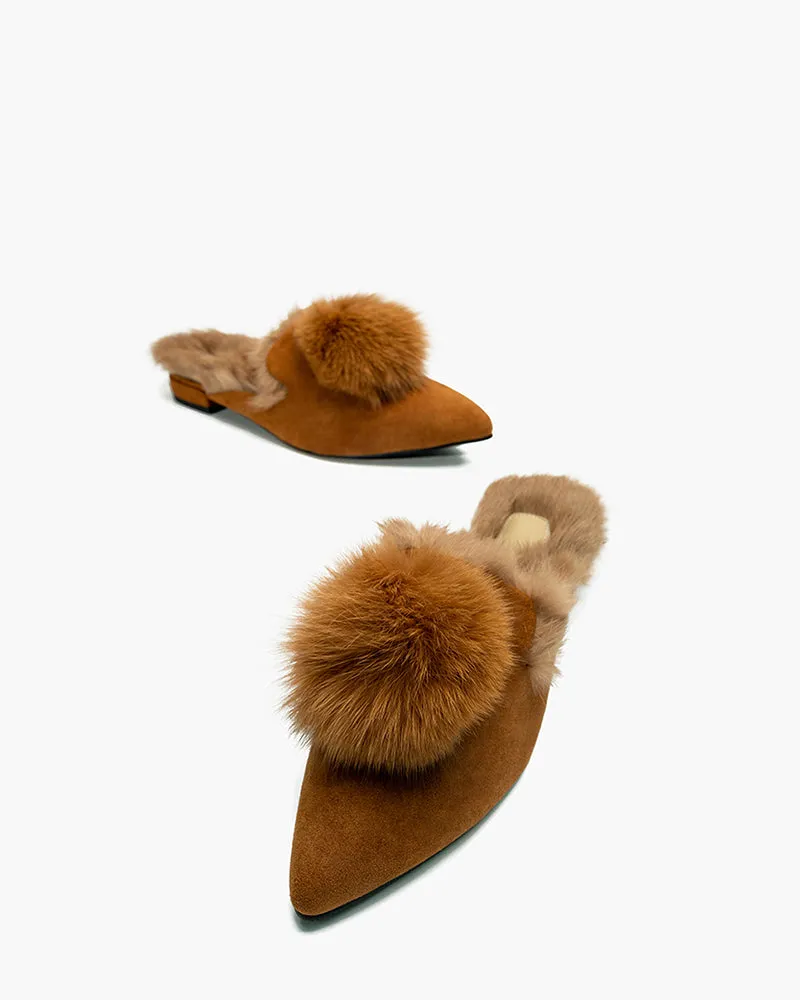 (Clean Up - US 7.5) Pointed Toe Backless Pompom Slippers Mules