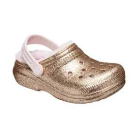 Crocs Kids' Classic Fuzz Lined Glitter Clogs - Gold/Barely Pink