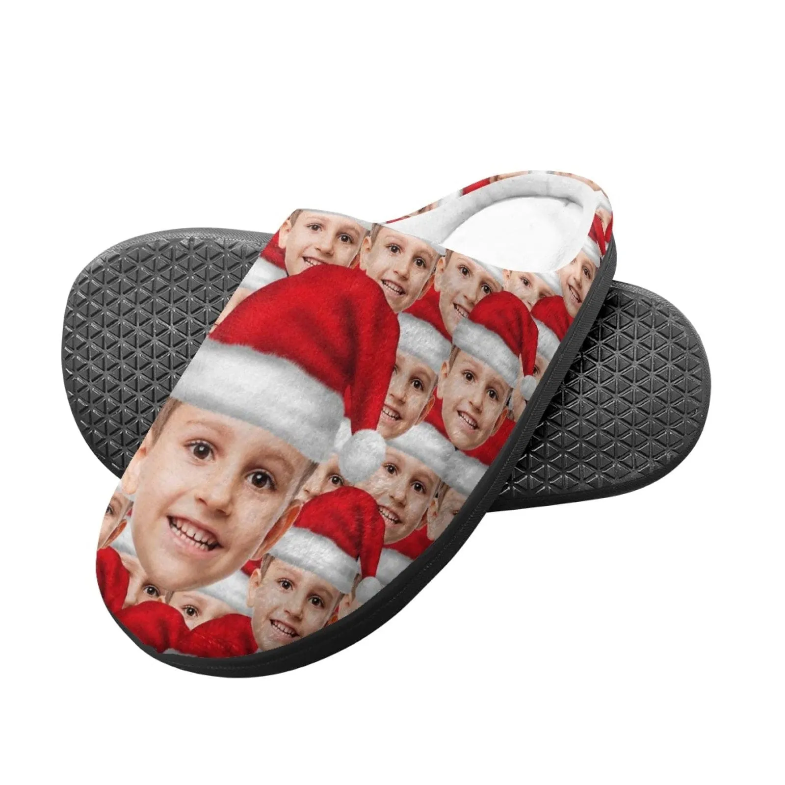 Custom Face Santa Hat Christmas Cotton Slippers for Adult&Kids Personalized Non-Slip Slippers Warm House Shoes