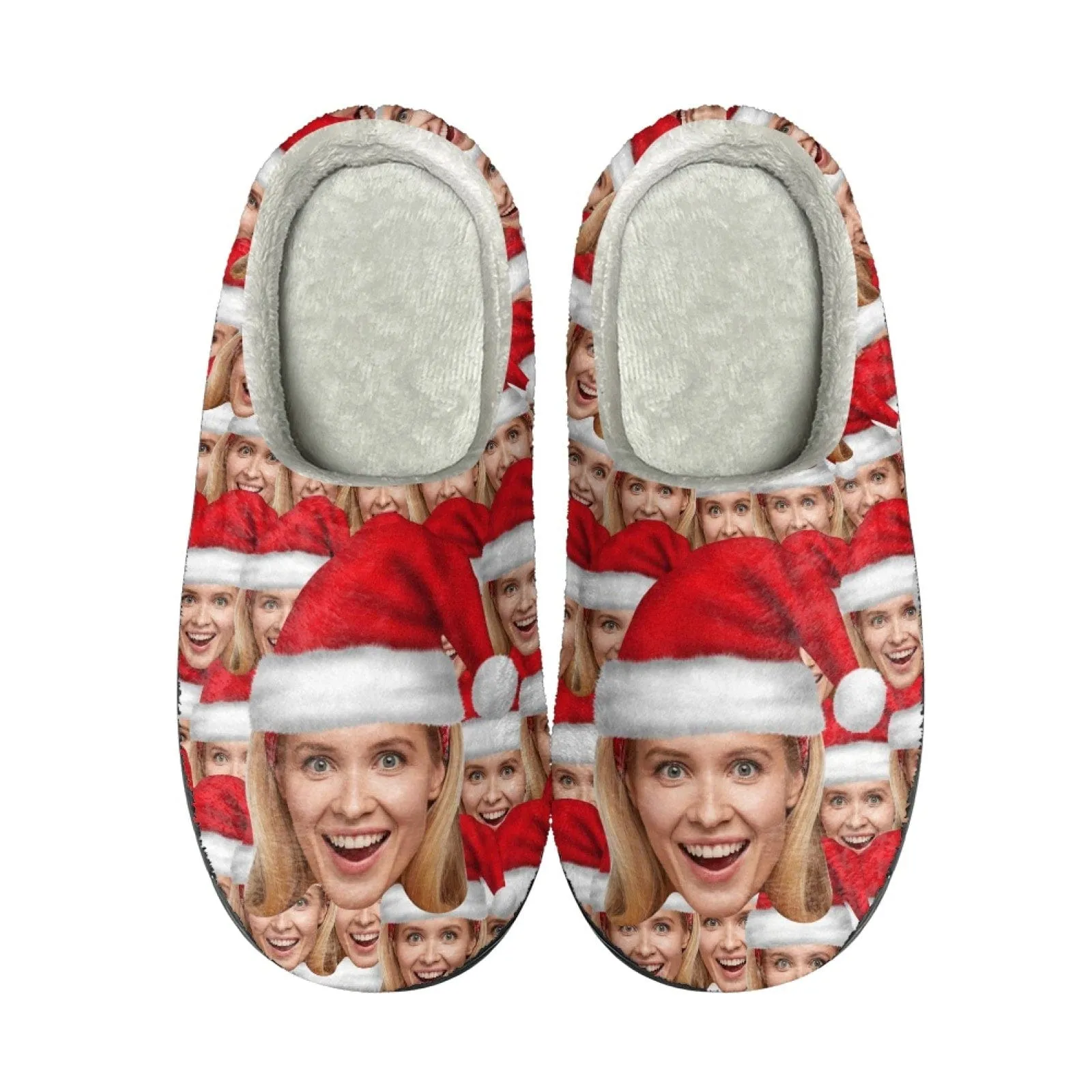 Custom Face Santa Hat Christmas Cotton Slippers for Adult&Kids Personalized Non-Slip Slippers Warm House Shoes