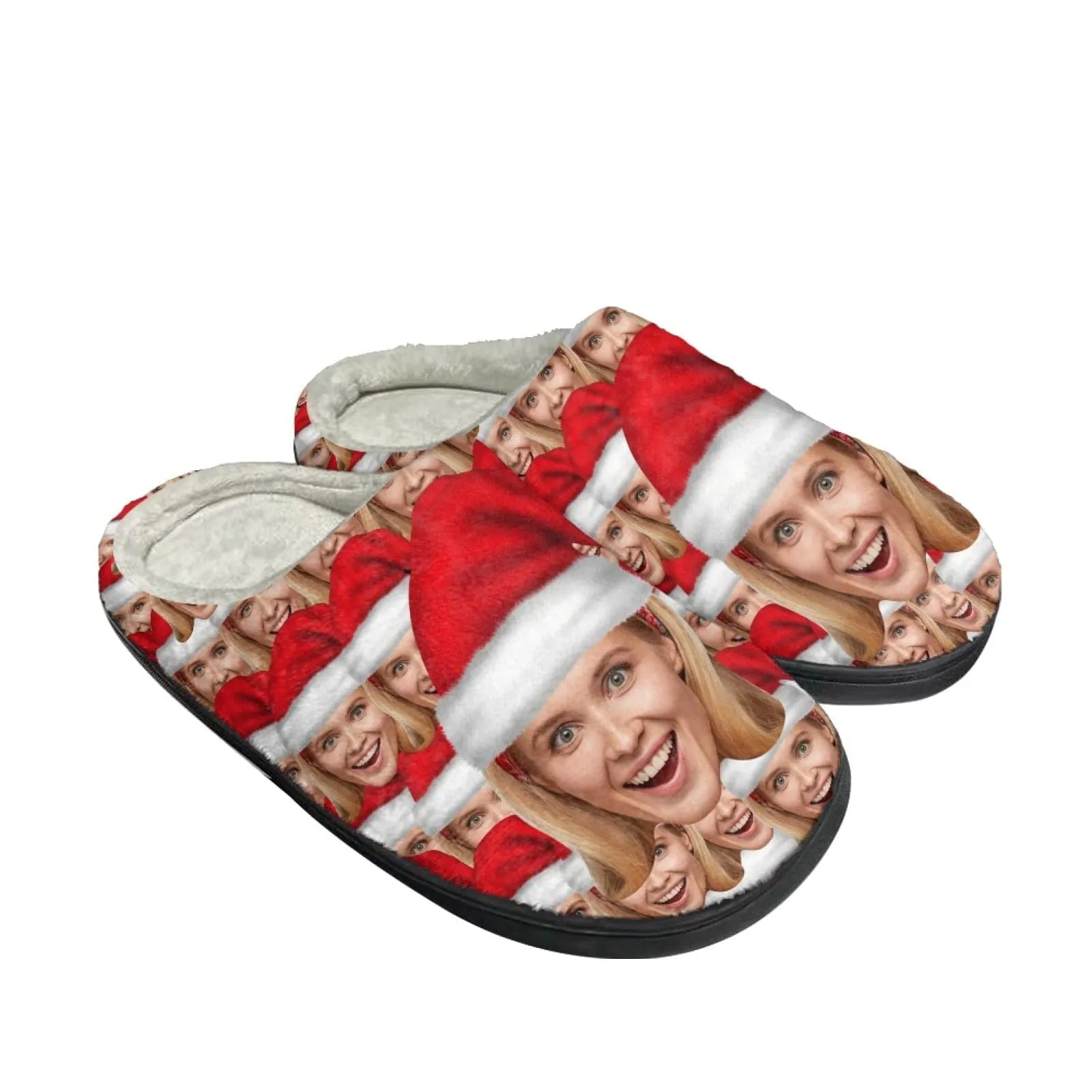 Custom Face Santa Hat Christmas Cotton Slippers for Adult&Kids Personalized Non-Slip Slippers Warm House Shoes