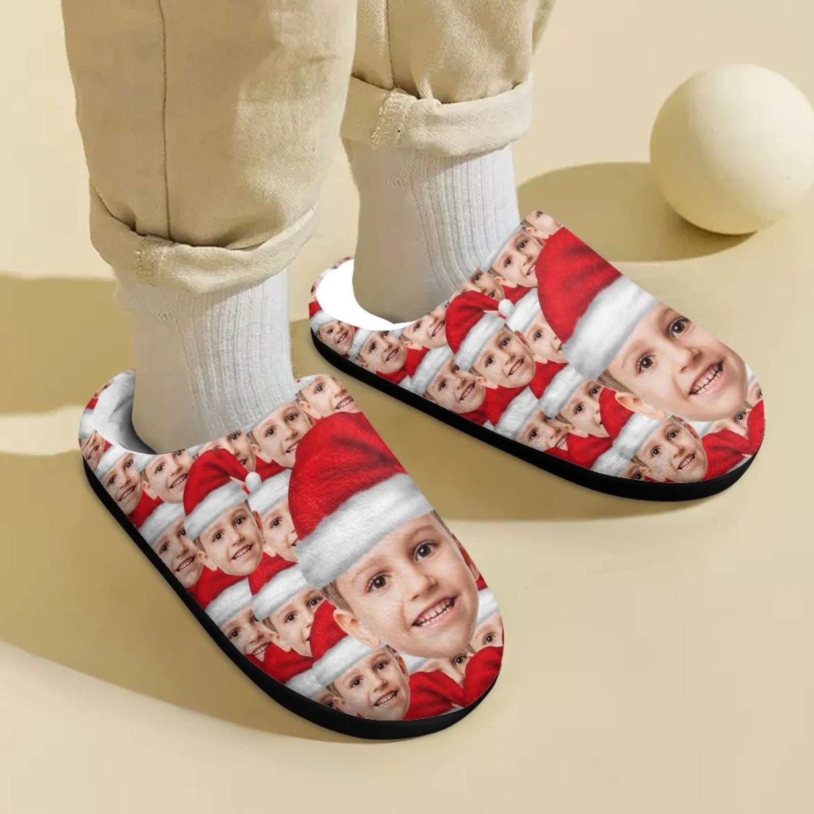 Custom Face Santa Hat Christmas Cotton Slippers for Adult&Kids Personalized Non-Slip Slippers Warm House Shoes