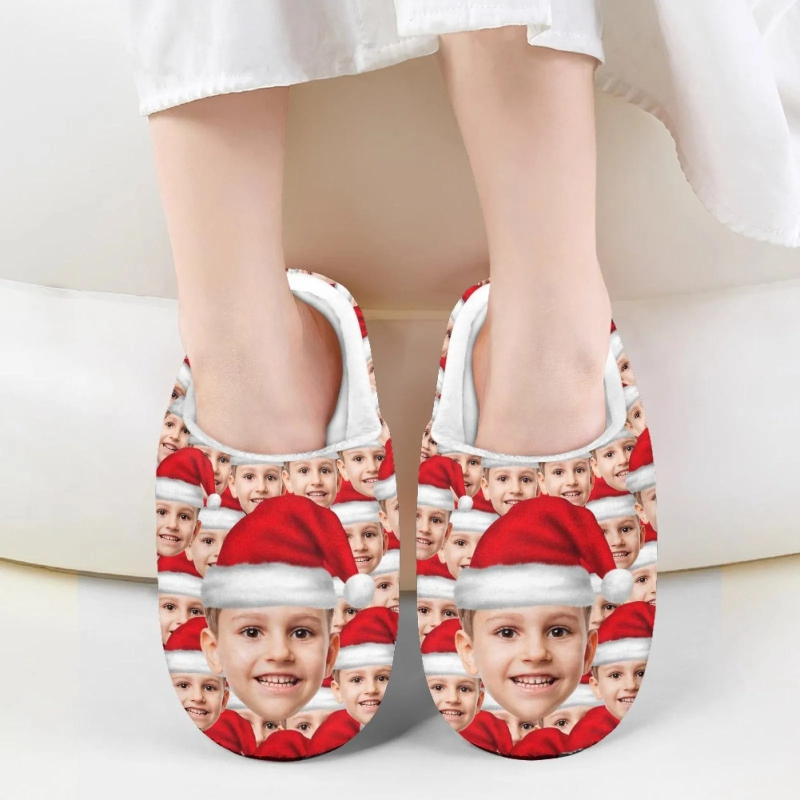 Custom Face Santa Hat Christmas Cotton Slippers for Adult&Kids Personalized Non-Slip Slippers Warm House Shoes