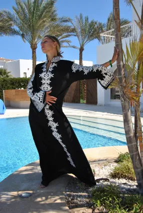 Elegant black embroidered kaftan dress, Cotton caftan max dress, Long sleeve caftan, Chic embroidered caftan, High quality Egyptian cotton