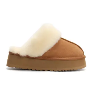 Faux Fur Slip On Platform Shoe in Tan