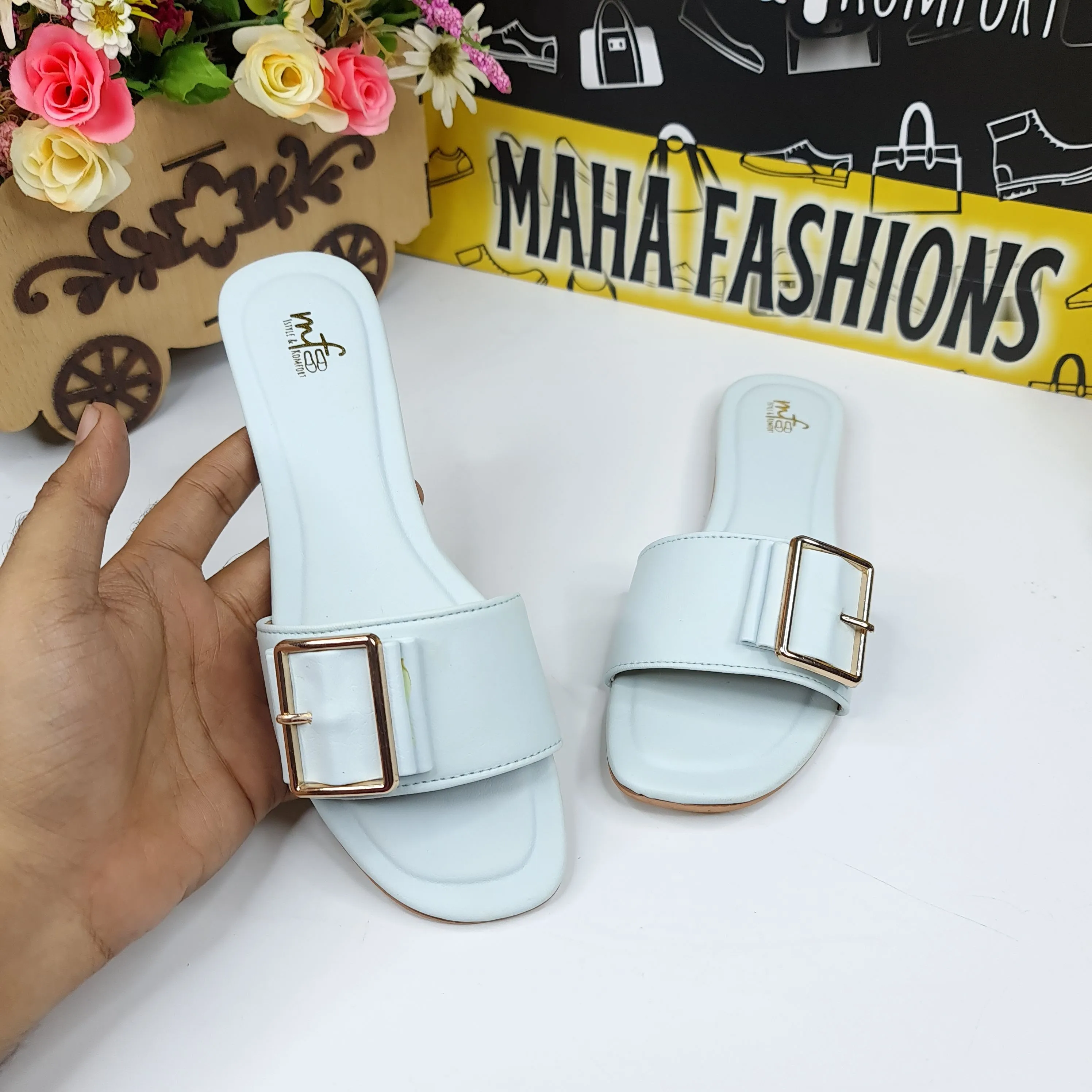 Ice Blue Straps Buckle Flat