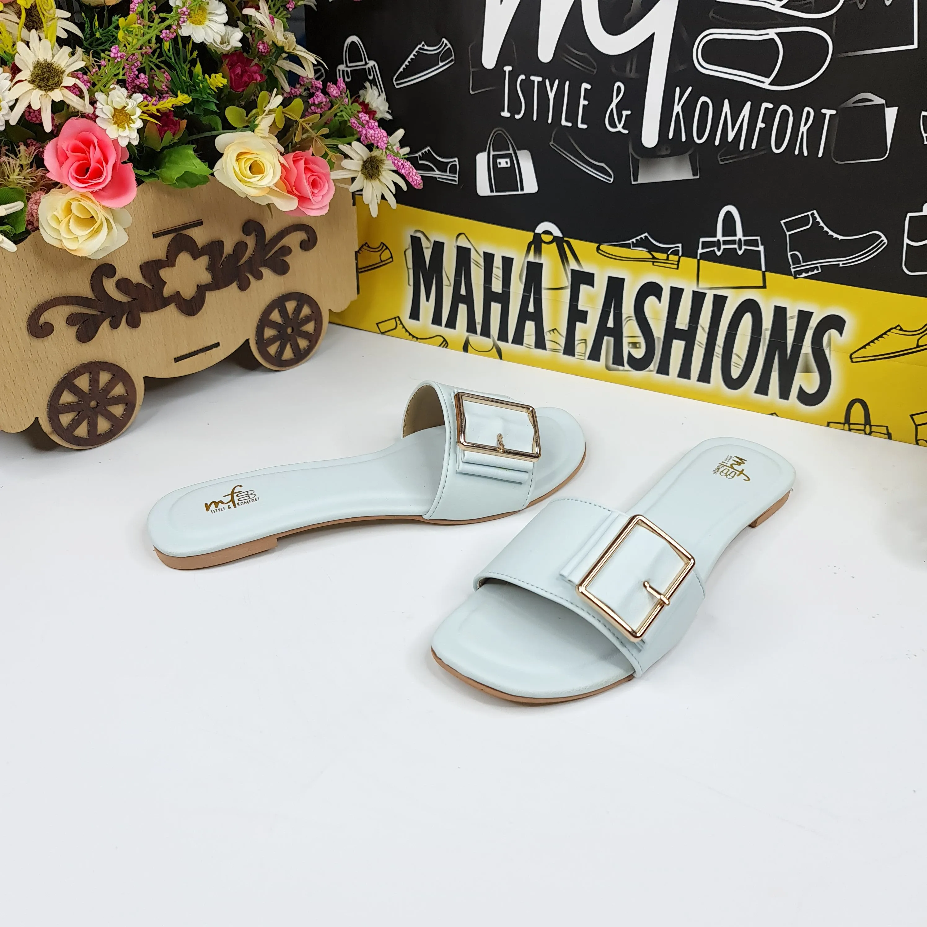 Ice Blue Straps Buckle Flat