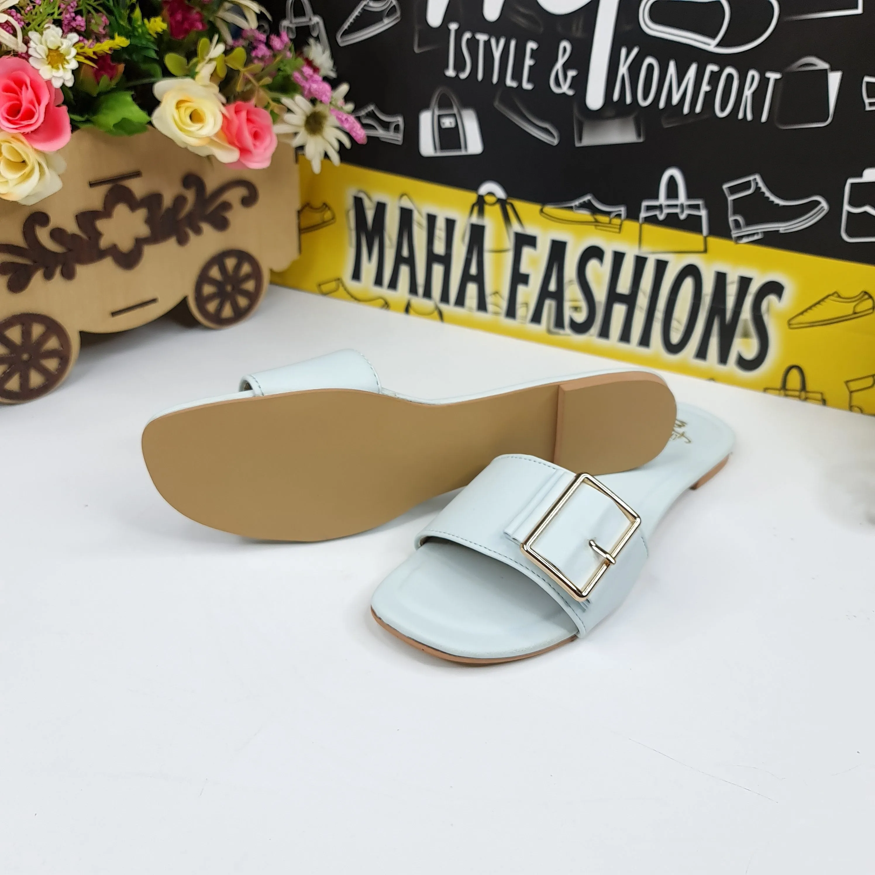 Ice Blue Straps Buckle Flat