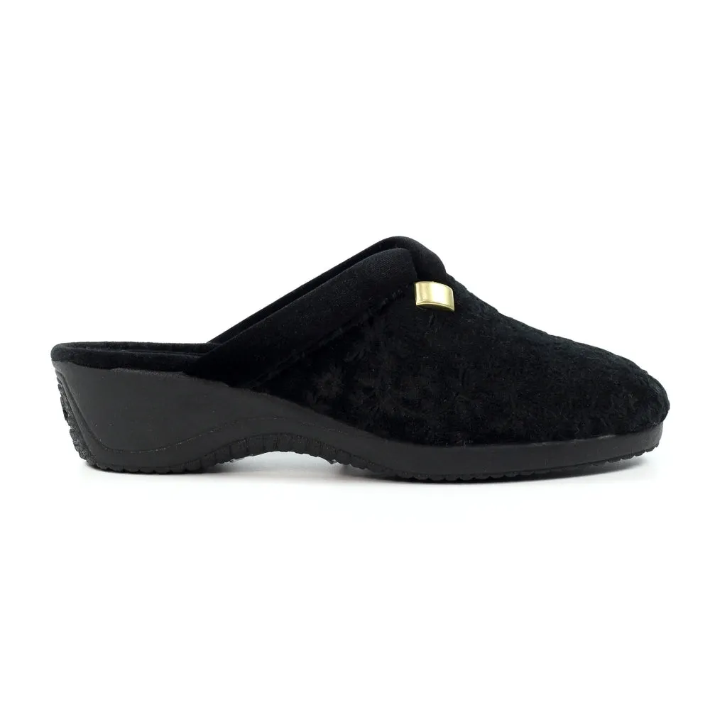 Ladies Bedroom Slippers Mule Wedge Heel Slip on Black Lunar Amaretto