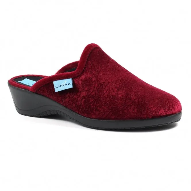 Ladies Bedroom Slippers Mule Wedge Heel Slip on Burgundy Lunar Audrey