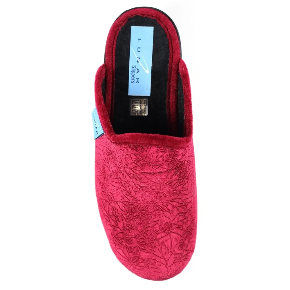 Ladies Bedroom Slippers Mule Wedge Heel Slip on Burgundy Lunar Audrey