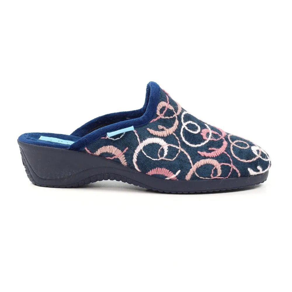 Ladies Bedroom Slippers Mule Wedge Heel Slip On Erin II Navy