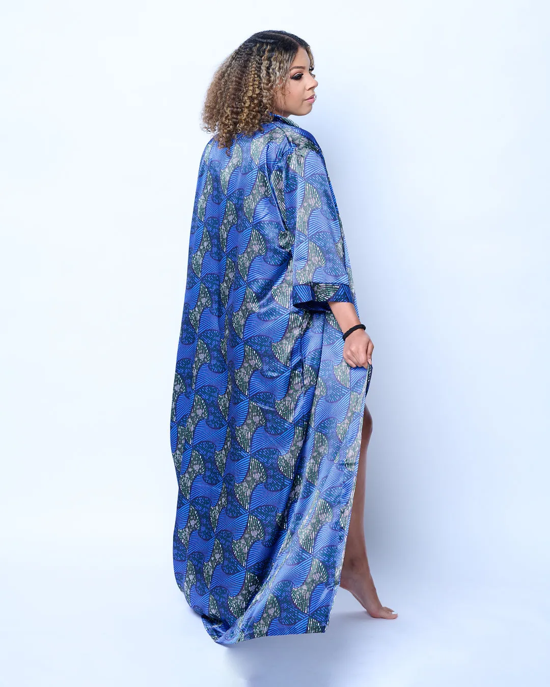 Long African Print Satin Robe Blue