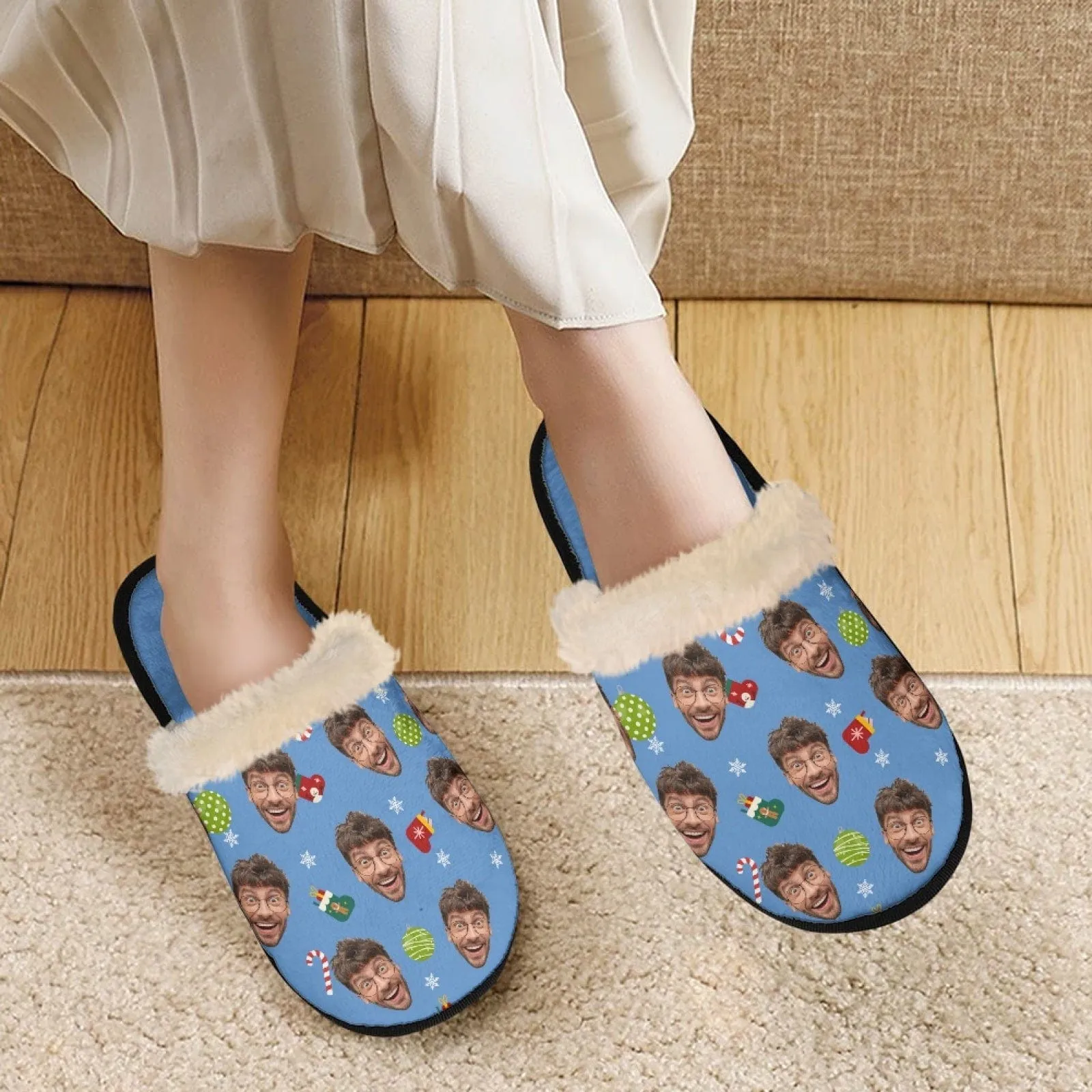 New Product Discounts-Custom Face Christmas Fuzzy Slippers for Women and Men Personalized Photo Non-Slip Slippers Indoor Warm House Shoes