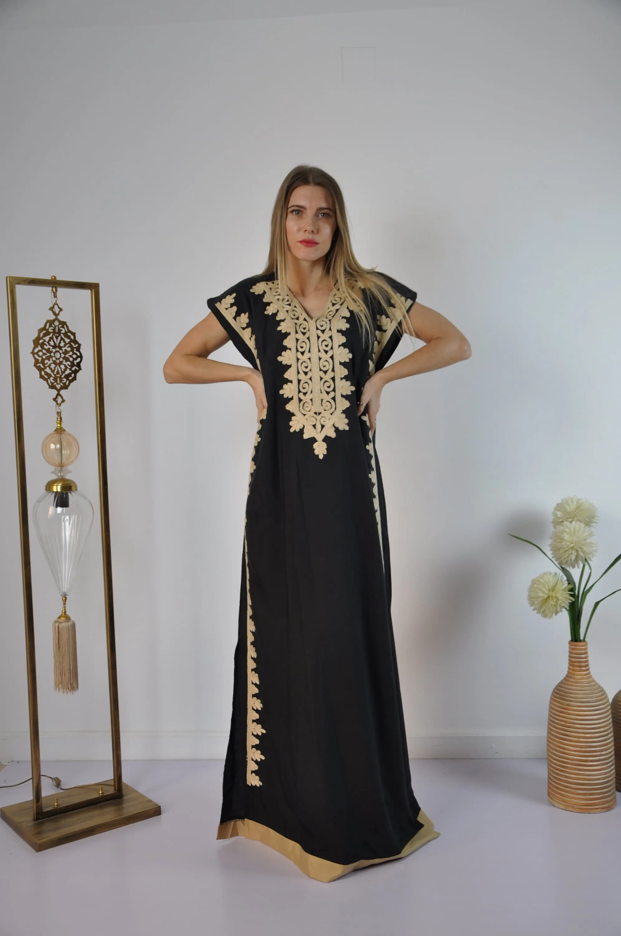 Open slit Elegant Black evening maxi dress, Bohemian Kaftan. Summer night out, Elegant evening gown, Egyptian cotton.