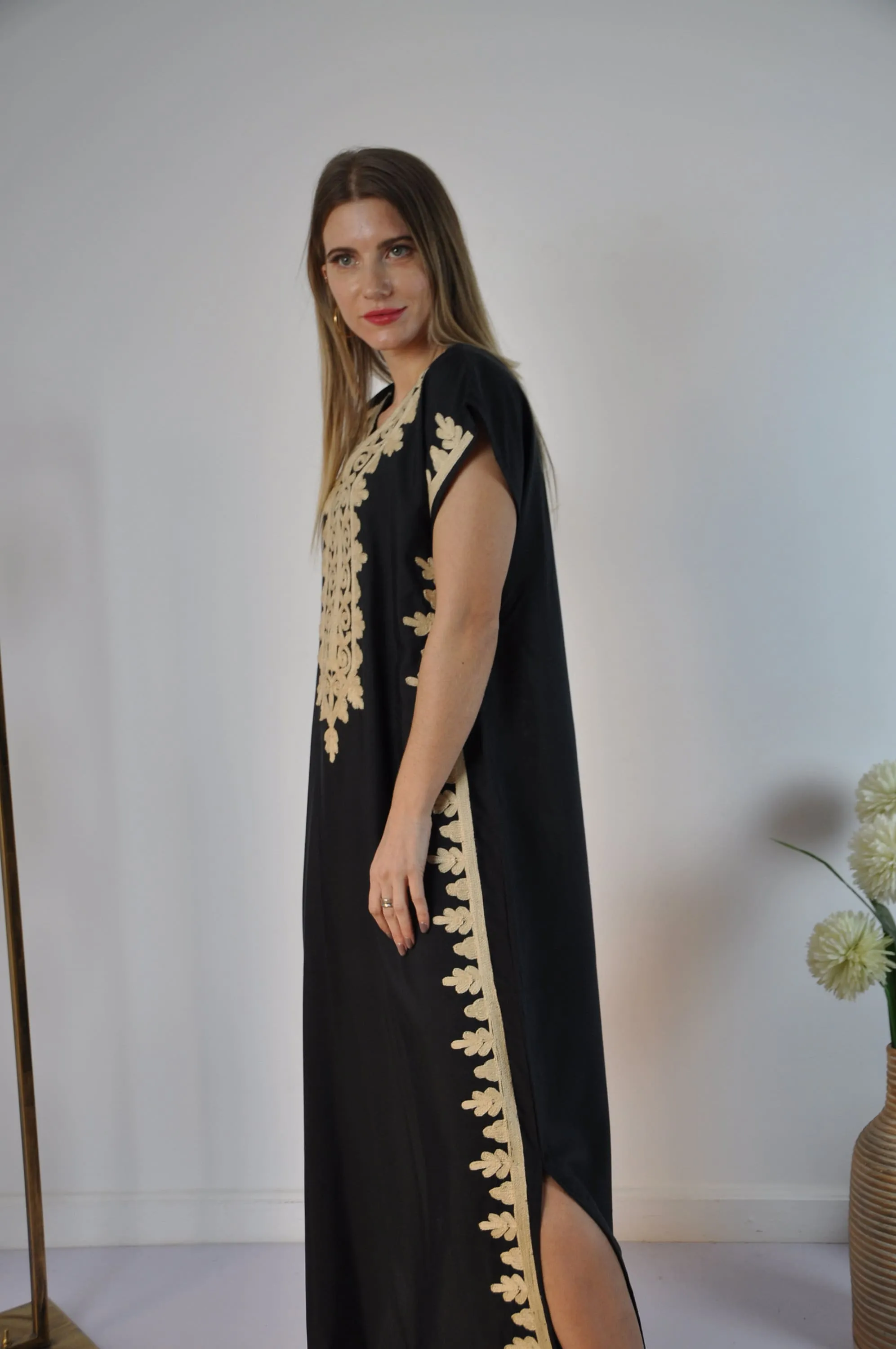 Open slit Elegant Black evening maxi dress, Bohemian Kaftan. Summer night out, Elegant evening gown, Egyptian cotton.