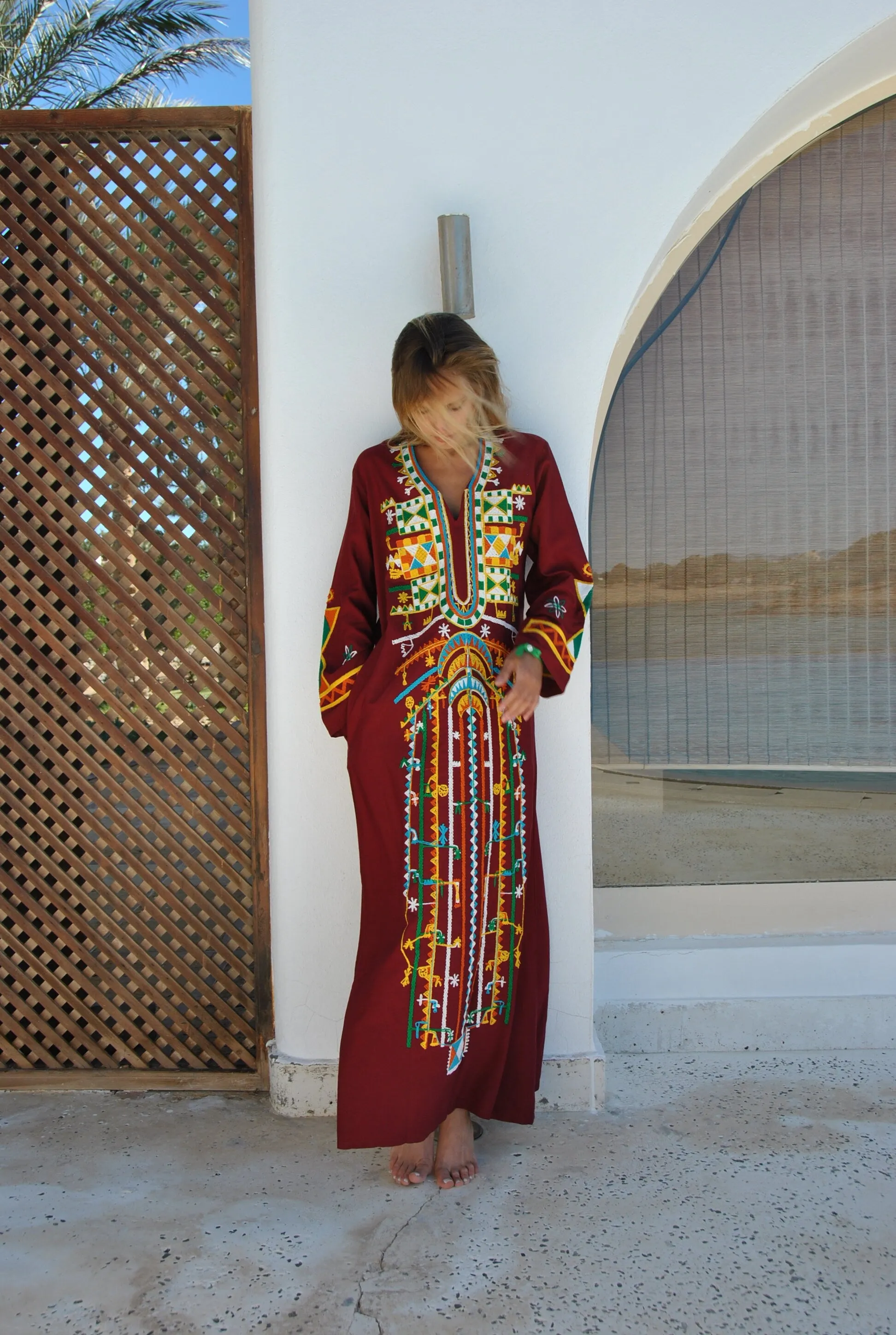 Siwa Burgundy embroidered cotton Caftan with pocket, embroidered caftan dress, Caftan dress, Caftan maxi dress, Caftans for women, Caftans