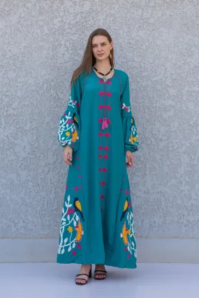 Teal Green Egyptian cotton Kaftan, caftan Kaftan maxi dress, embroidered Caftan dress, Caftan maxi dress, Caftans for women, Caftans