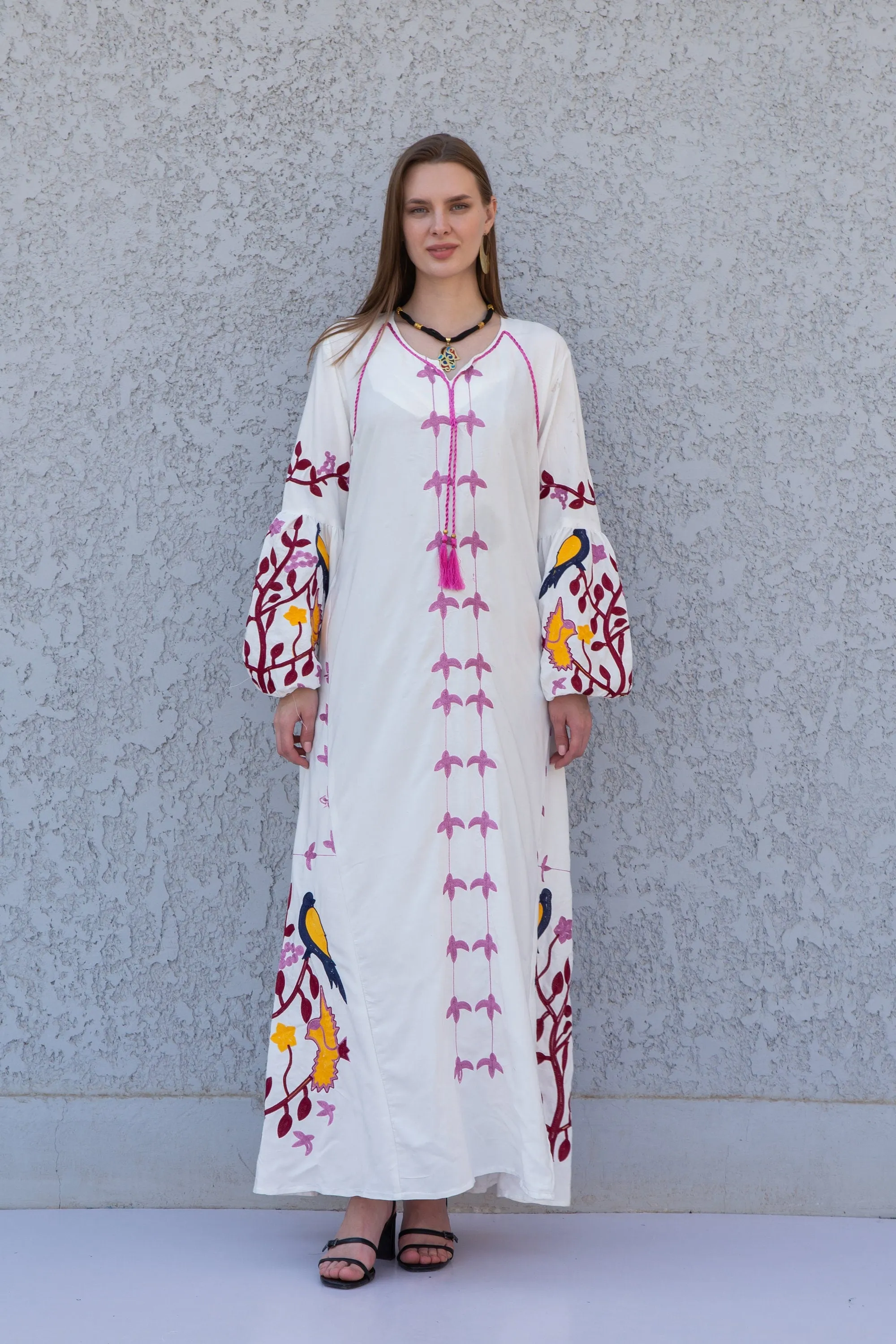 White colorful Egyptian cotton Caftan, caftan Kaftan maxi dress, embroidered Caftan dress, Caftan maxi dress, Caftans for women, Caftans