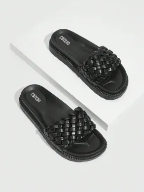 Woman Shoes Stylish Black Woven Platform Slippers For Spring And Summer