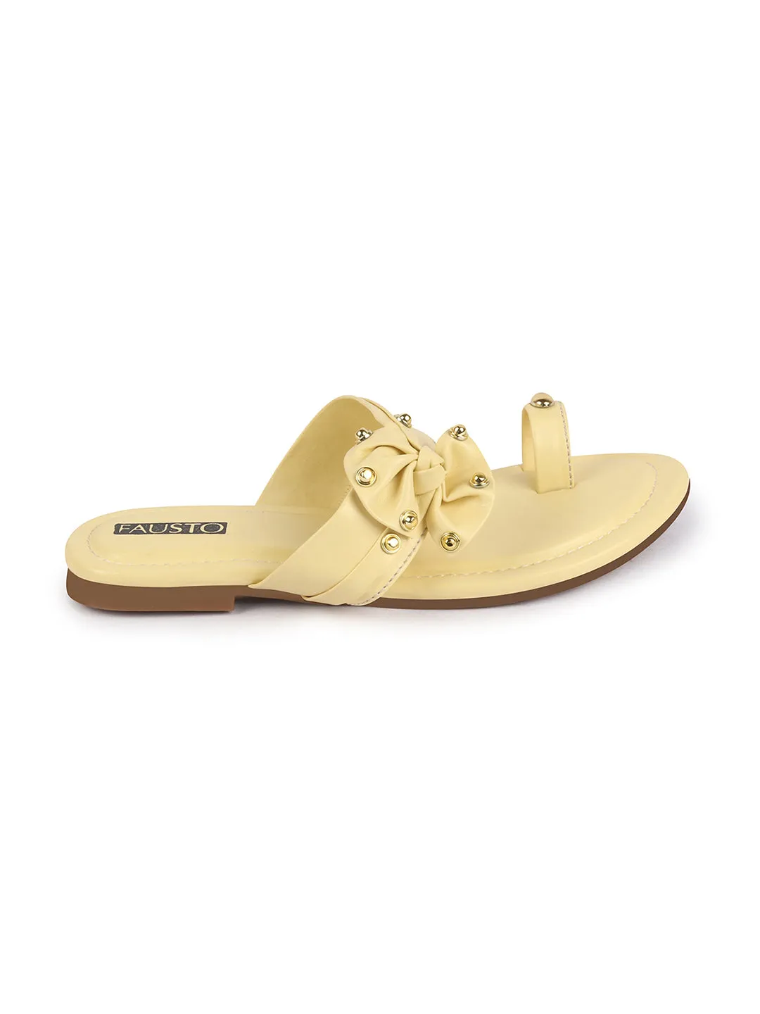 Women Lemon Bow Design Toe Ring Slip On Flats Slippers