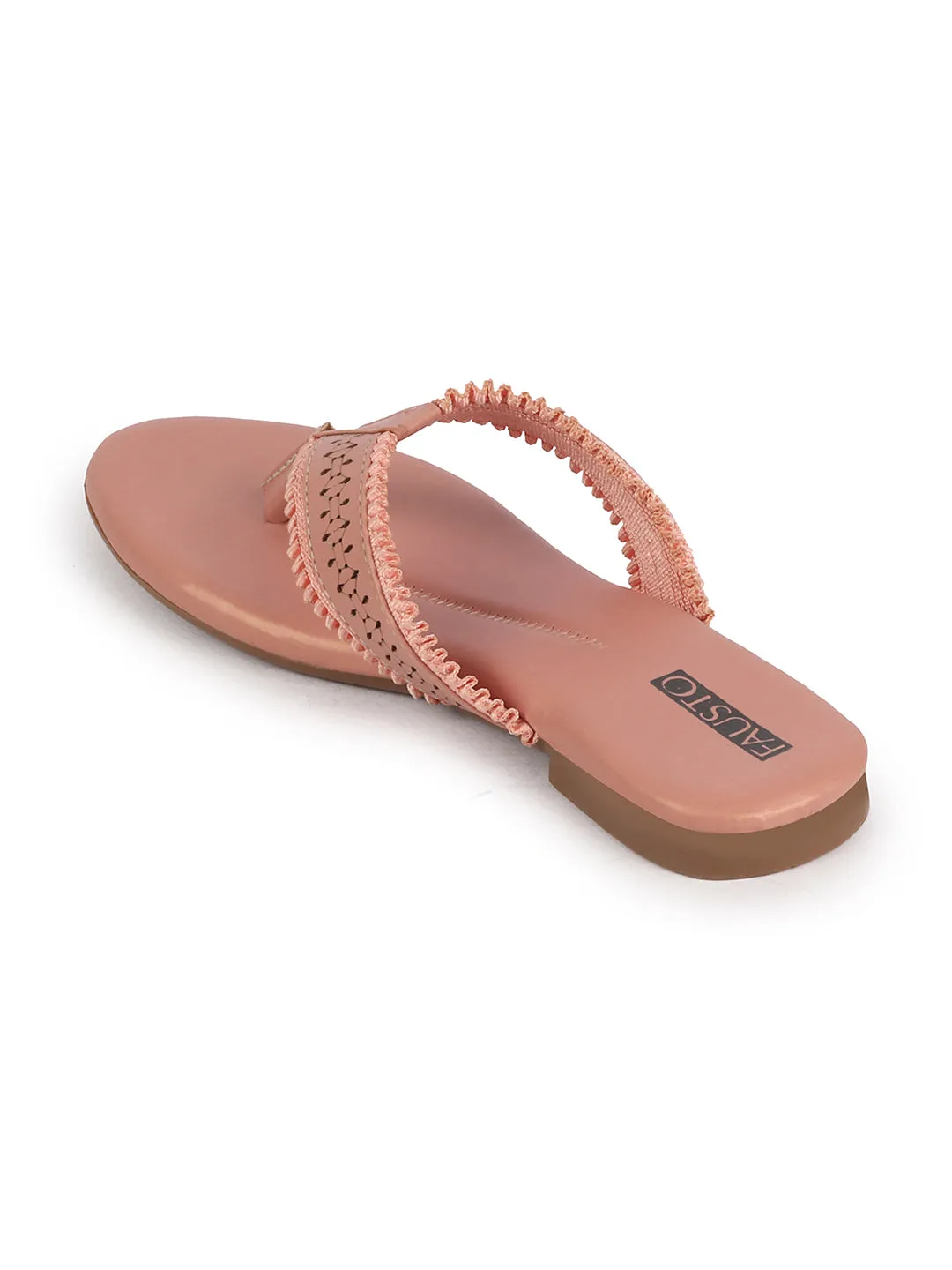 Women Pink Laser Cut Design T-Strap Thong Slip On Flats Slippers