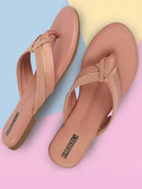 Women Pink T-Strap Thong Slip On Flats Slippers