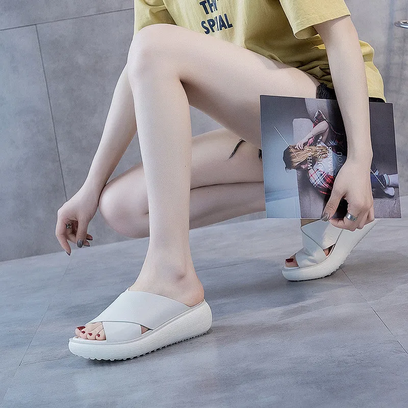 Women Retro Fashion Leather Platform Slides Slippers