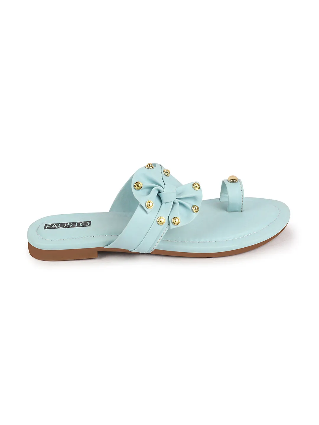 Women Sky Blue Bow Design Toe Ring Slip On Flats Slippers